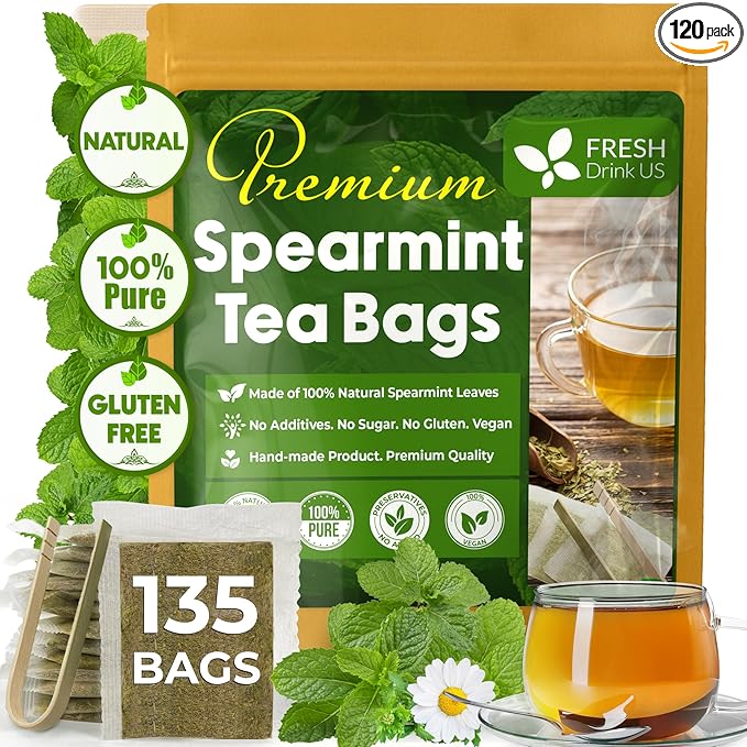 FreshDrinkUS Premium 135 Spearmint Tea Bags, 100% Natural & Pure Spearmint Leaves. Loose Leaf Herbal Tea. No Sugar, No Caffeine, No Gluten, Vegan