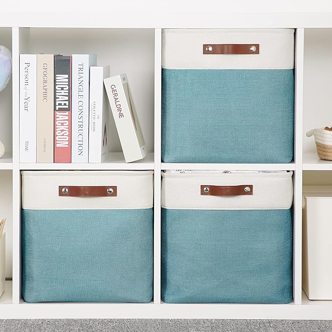 HNZIGE Foldable Storage Cubes & Baskets (3 Pack) - 13 Inch Storage Bin with Leather Handles for Toys, Clothes, Kids, Closet (White & Teal)