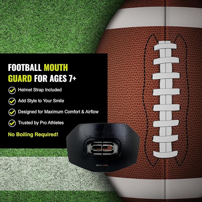 DAMAGE CONTROL Youth Football Mouth Guard – Breathable No Boil Mouthpiece, Protects Lips & Teeth, Works with Braces, Includes Helmet Strap – Sports Gear & Accessories (Black)