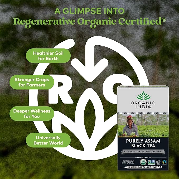 Organic India Purely Assam Black Tea - Caffeinated Herbal Tea Bags with Natural Assam Leaves, Enjoy with Milk & Sweetener, USDA Organic, Non-GMO, Fairtrade Certified - 18 Bags (Pack of 3)