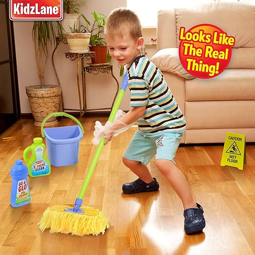 Kidzlane Kids Cleaning Toy Set - Toddler Cleaning Set with Realistic Broom, Mop, and Dustpan with Wet Floor Sign and Cleaning Tools - Kids Broom Set for Ages 3 and Up - Fun Playtime for Boys and Girls