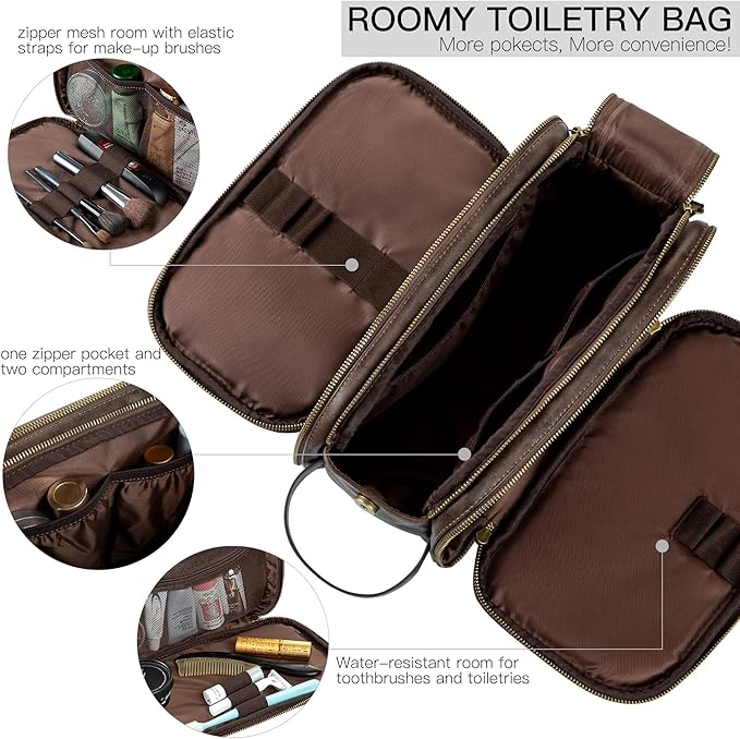 Elviros Toiletry Bag for Men, Large Travel Shaving Dopp Kit Water-resistant Bathroom Toiletries Organizer PU Leather Cosmetic Bags