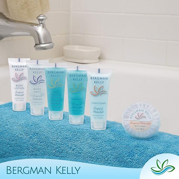 BERGMAN KELLY Travel Size Body Wash (1 fl oz, 100 PK, Tropical Waterfall), Delight Your Guests with an Invigorating and Refreshing Hotel Body Wash, Mini and Small Size Guest Hotel Toiletries in Bulk