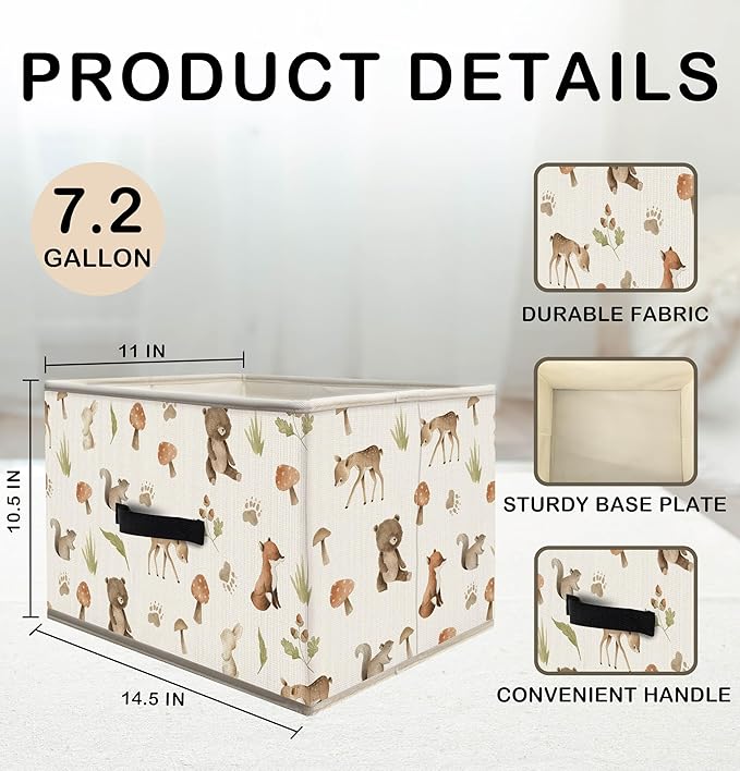 Nogrit Woodland Nursery Storage Bins Box, Toybox for Boys Girls, Forest Animal Mushroom Foldable Baskets Organizer Container with Handles for Bedroom Bathroom Kids Nursery Clothes Toys Books
