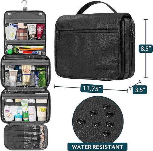 PAVILIA Hanging Toiletry Bag Women Men, Foldable Cosmetic Organizer Travel Bag, Water Resistant Makeup Bag Toiletries, Large Travel Essentials Kit (Black)