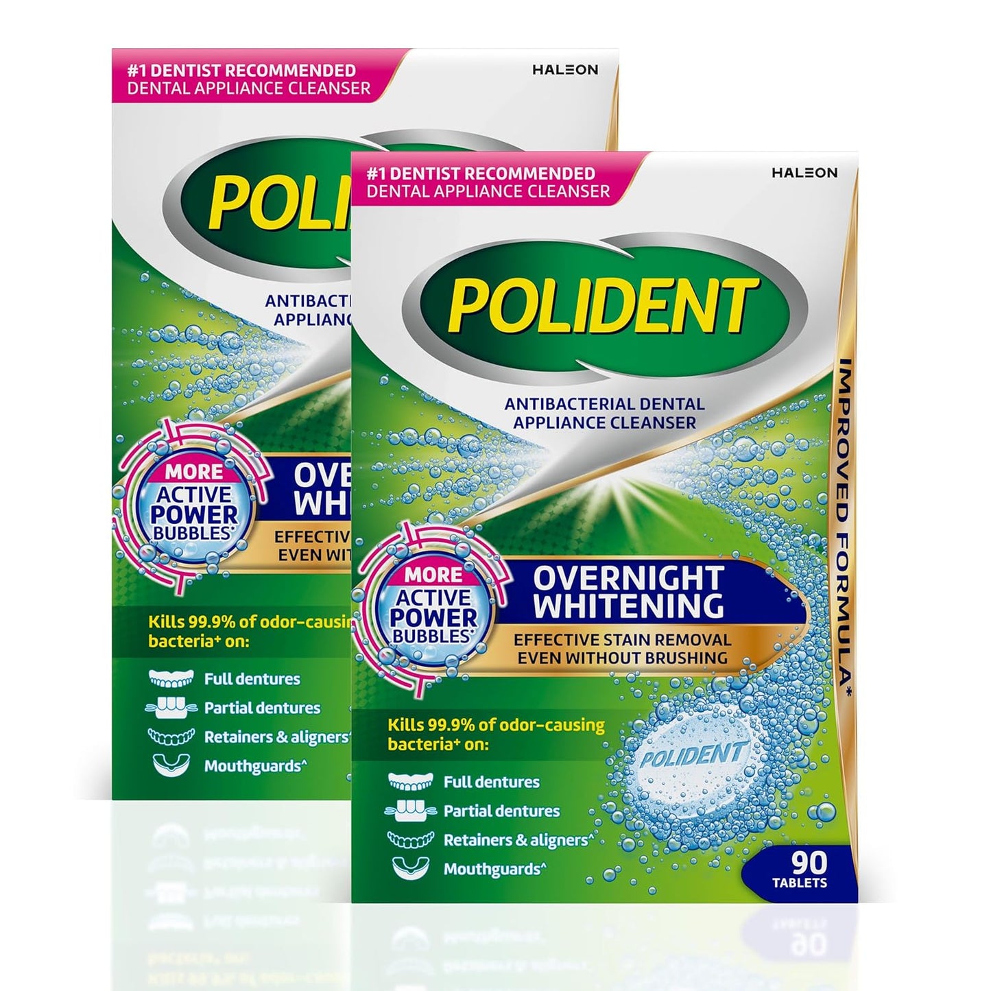 Polident Overnight Whitening Antibacterial Dental Appliance Cleanser Tablets, 90 Count (2 Pack)