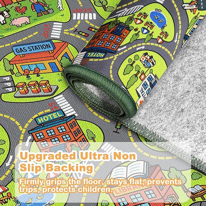 Upgrade Ultra Non Slip Kids Car Rug, Kids Road Playmat Rug for Toy Cars, Educational Town City Map Washable Carpet for Boy Playroom Bedroom, Safer Car Track Play Mat for Children Baby Toddler, 60"x36"