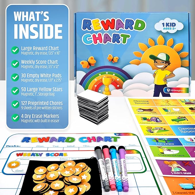 Large Magnetic Reward Chart for Kids - 127 Pre-Written Stickers (Including Potty Training) + 30 Customizable Chores - Behavior, Responsibility & Incentive Routine Star Chart for Fridge (1 Kid Version)