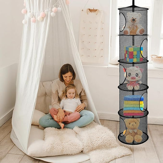 Libeder Mesh Hanging Storage Space Saver Bags Organizer,Foldable Storage Organizer 5 Compartments Toy Storage Basket for Kids Room Bathroom 2 Sets, Black