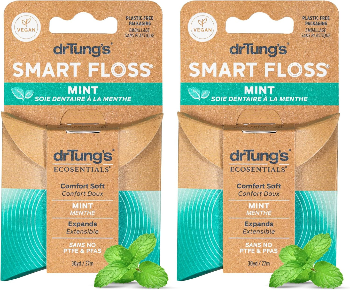 drTung's Smart Floss Mint for Teeth - Natural Expanding Dental Floss, Gentle on Tooth & Gums, Expands & Glides, PTFE & PFAS Free, Certified Organic Mint Essential Oils - Pack of 2