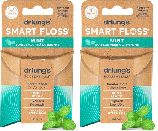 drTung's Smart Floss Mint for Teeth - Natural Expanding Dental Floss, Gentle on Tooth & Gums, Expands & Glides, PTFE & PFAS Free, Certified Organic Mint Essential Oils - Pack of 2