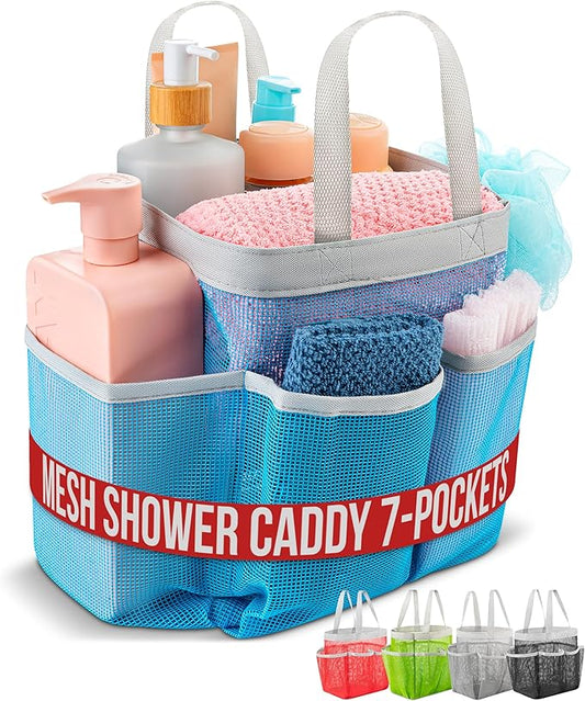 Handy Laundry Mesh Shower Caddy - 7 Pocket Portable Bathroom Organizer Tote for Travel, Gym & Dorm - Collapsible Small Shower Caddy Bag to Hold Toiletries & Essentials (Blue)