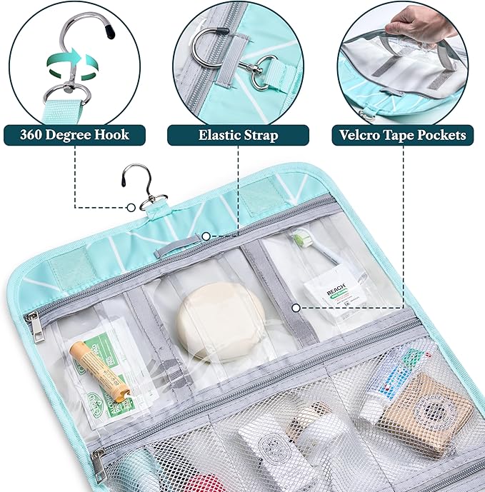 PAVILIA Hanging Toiletry Bag Women Men, Travel Kit Foldable Large Toiletries Organizer, Roll up Cosmetics Makeup Bag Accessories, Waterproof Essentials Jewelry Case (Teal Chevron)