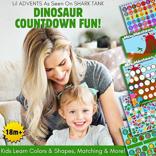 2PK Dinosaurs Sticker Advent Calendar for Kids 18m+ Sticker Countdown to Christmas for Toddlers 30 Days to Birthday, Vacation, Party, School with Activity Board & Crown by LIL ADVENTS Mini Milestones