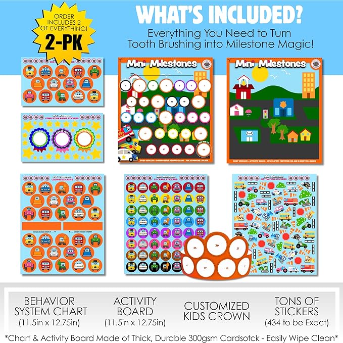 MINI MILESTONES 2-PK Toddler Brush Teeth Chart Reward Chart for Toddlers by LIL ADVENTS: Toddler Sticker Behavior Chart, Reward Chart for Kids, 800+ Stickers, Activity Board, Crown (Busy Vehicles)