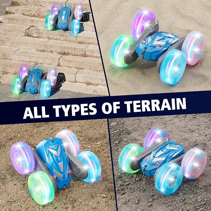 Remote Control Car for Boys 6-12 with Flashing Light, 6 7 8 9 Years Old Boy Toys, RC Cars Stunt 4WD Double Sided 360 Flip, Boy Gift Idea for Kids Birthday Present Christmas Indoor Outdoor Blue