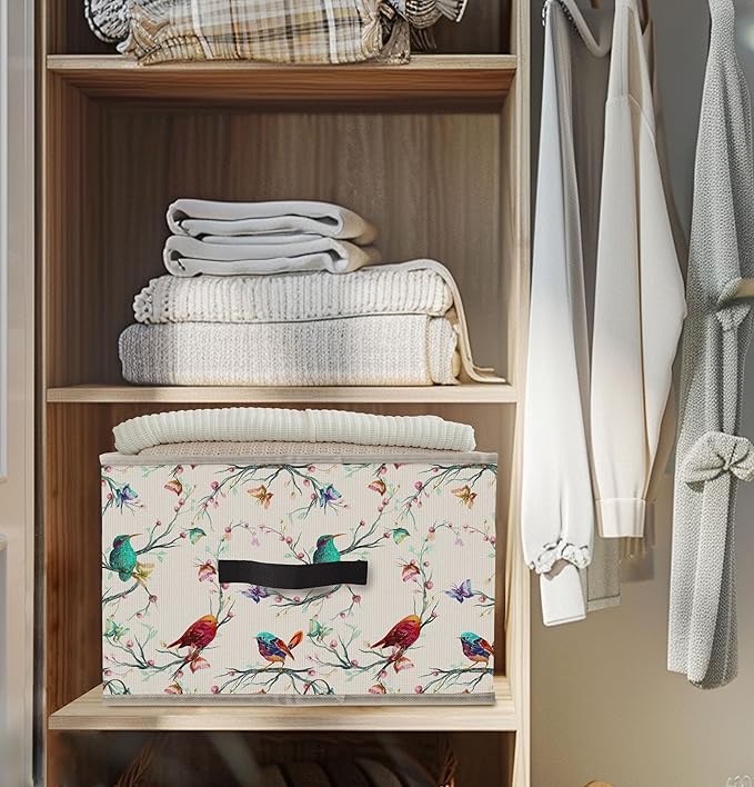 Nogrit Colorful Birds Storage Bins Box, Toybox for Girls, Floral Branches Butterfly Bird Foldable Baskets Organizer Container with Handles for Kids Girls Bedroom Bathroom Clothes Toys Books