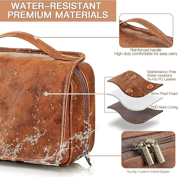 Elviros Hanging Toiletry Bag for Men Travel Essentials 3-in-1 Large Waterproof Dopp Kit PU Leather Shaving Bag with Separate Compartments for Grooming and Toiletries Mens Gift