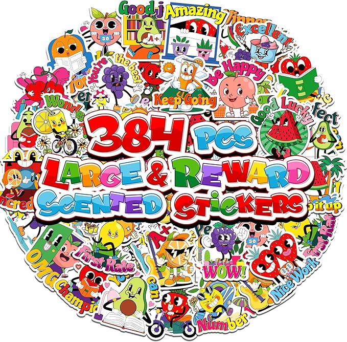 384PCS Scratch and Sniff Stickers for Kids, Large Scented Reward Smelly Fruits Stickers, Motivational Incentive Fun Sticker with Positive Words for Students School Teachers Must Haves, 32 Designs