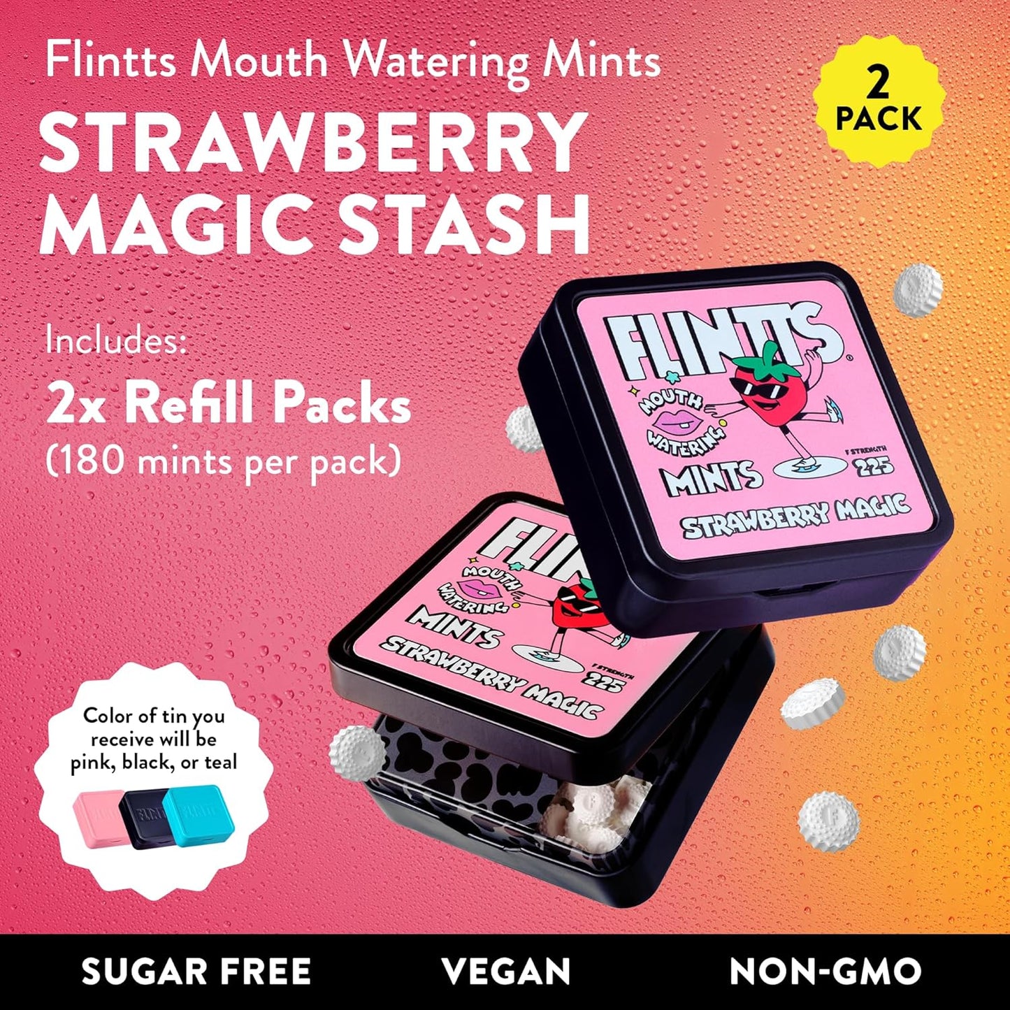 Flintts Mints Strawberry Stash – Sugar Free Mouthwatering Mints for Dry Mouth Relief & Freshness – Vegan Oral Health Support with Sparkle Effect – Pocket Travel Saliva Substitute, Lozenges Alternative, 2 Refill Packs