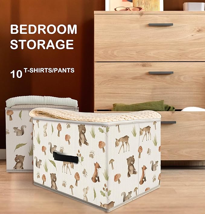 Nogrit Woodland Nursery Storage Bins Box, Toybox for Boys Girls, Forest Animal Mushroom Foldable Baskets Organizer Container with Handles for Bedroom Bathroom Kids Nursery Clothes Toys Books