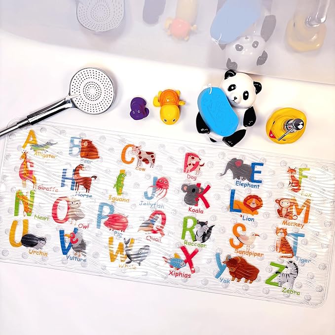 Bath Mats for Tub Kids,Baby Toddler - Large Cartoon Non-Slip Bathroom Bathtub Anti-Slip Shower Mats for Floor 35x15,Machine Washable XL Size Bathroom Mats (Alphabet)