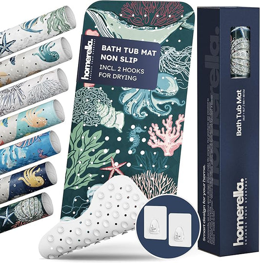 Homerella Baby Bath Tub Mat | Anti Mold Mildew Resistant Non Slip Kids and Adult Bath Tub Shower Mats | 40x16 inch Long with Suction Cups for Secure Grip Hooks for Storage & Drying | Machine Washable