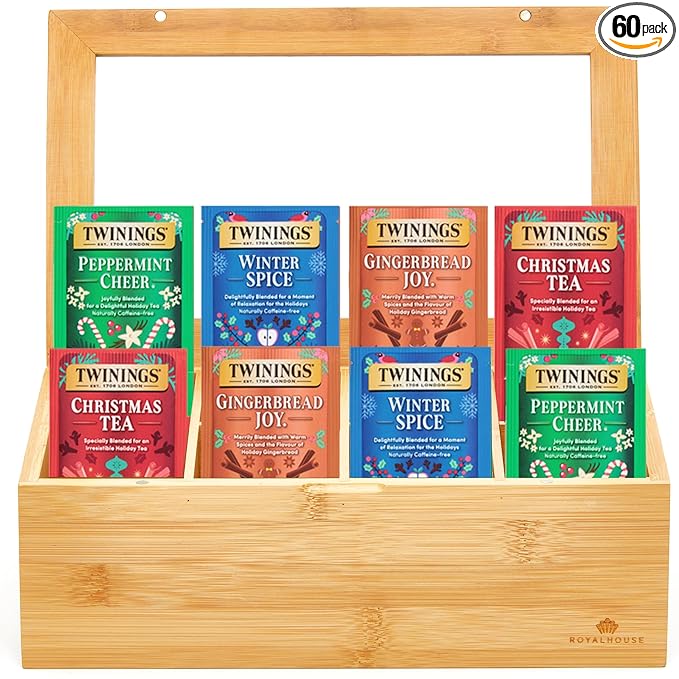 Twinings Christmas Holiday Tea Bag Variety Pack (60 Count), 4 Seasonal Flavors in a Bamboo Tea Chest Organizer, Gift for Women, Men, Friends, Couples, Mom, Dad, Family