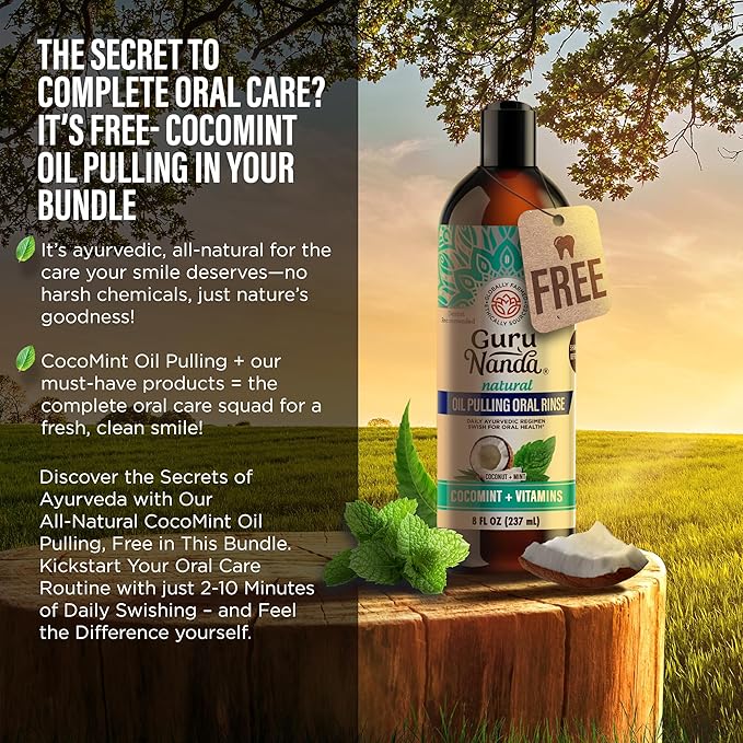 GuruNanda Gums of Steel Kit – Advanced Dental Water Flosser (UV Mode), Concentrated Mouthwash, Cocomint Pulling Oil, Butter on Gums Toothbrush & Tongue Scraper for Overall Oral Hygiene