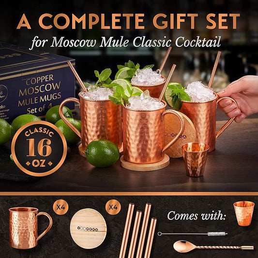 Gift Set Moscow Mule Mugs Set Of 4 16 oz Solid Cooper, 100% Pure Copper Cups Cylindrical Shape HANDCRAFTED, BONUS 4 Straws, 4 Wood Coasters, Stirring Spoon, And Shot Glass (Square)