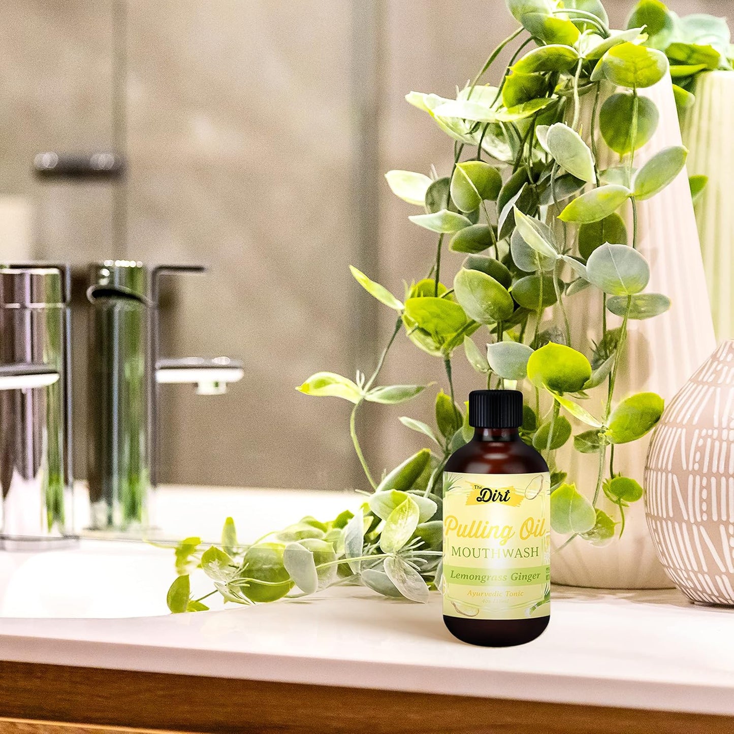 THE DIRT Oil Pulling Mouthwash - Gluten Free - Removes Plaque, Tartar, Bad Breath & Whitens Teeth (Lemongrass & Ginger, 4 Ounce)