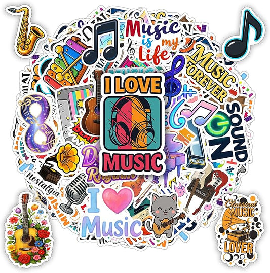 100 PCS Music Stickers Pack, Vinyl Waterproof Decals of Guitars Pianos Drums Microphones Notes Headphones and Bands, Fun Gift for Kids Teens Adults Students Teachers Water Bottle Scrapbook