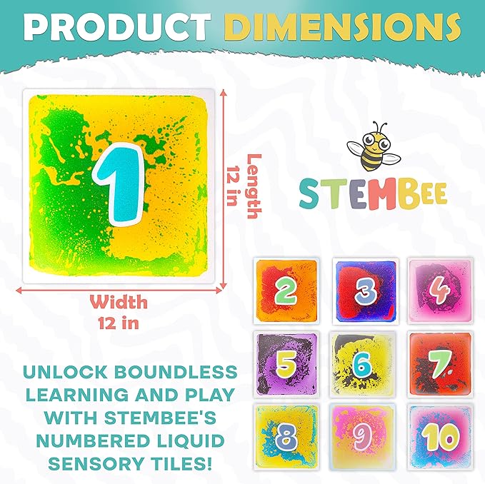 10-Pack Numbered Liquid Sensory Tiles, 12" x 12" Activity Play Mats for Toddlers Kids Boys Girls, Colorful Sensory Water Mat, Floor Activity Mat, Childhood Educational Toddler Learning Toys