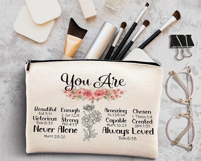 kdqua Christian You are Enough Makeup Bag, Feminist Gift Inspirational Bible Verse Linen Cosmetic Bag Zipper Pouch Travel Organizer Toiletry Bag, Religious Gifts Idea for Women Mom Coworker Friends