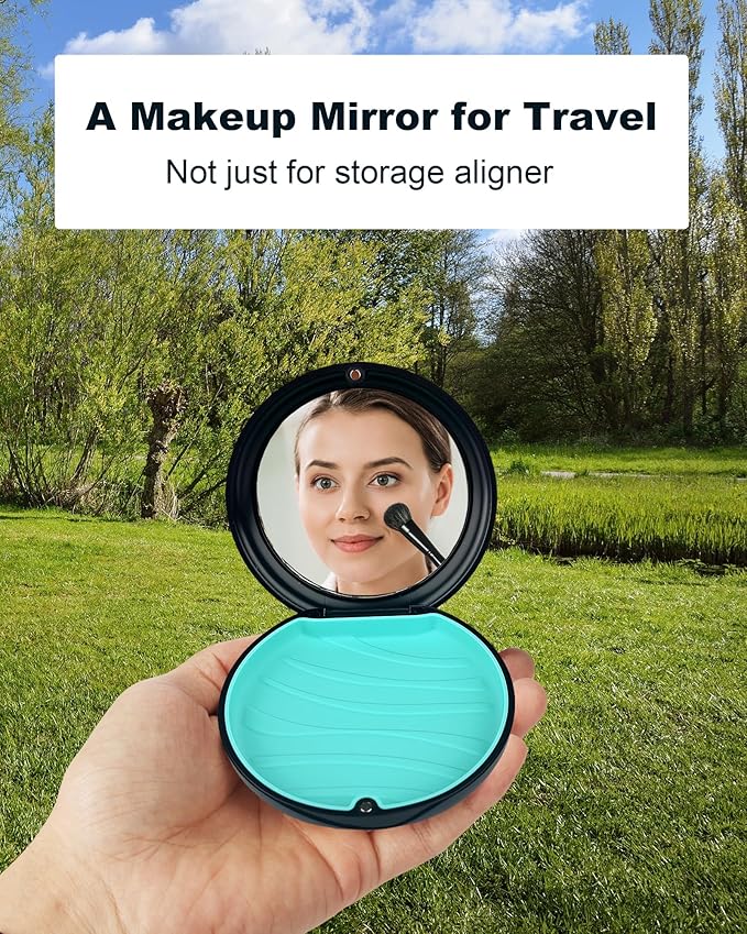 2 Pack Retainer Case with Mirror Kits, Aligner Case Compatible with Invisalign, Slim Night Guard Cases with Aligner Removal Tool, Brush and Chew, Black(Blue+Cyan Silicone)