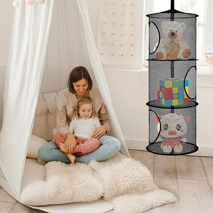 Libeder Mesh Hanging Storage Space Saver Bags Organizer,Foldable Storage Organizer 3 Compartments Toy Storage Basket for Kids Room Bathroom 2 Sets, Black