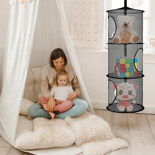 Libeder Mesh Hanging Storage Space Saver Bags Organizer,Foldable Storage Organizer 3 Compartments Toy Storage Basket for Kids Room Bathroom 2 Sets, Black