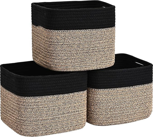 3 Pack Cube Storage Bin, 9”x9”x7” Cotton Rope Woven Baskets for Organizing Toys Clothes Towels, Square Gift Storage Baskets for Shelf, Nursery, Closet, Bathroom, Pantry (Black & Brown)