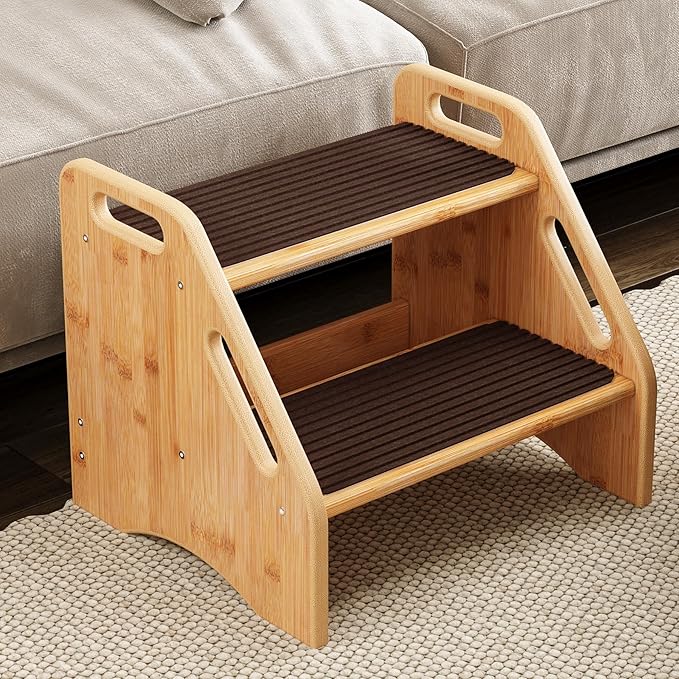 AMBIRD Wooden Step Stool with Washable and Removable Mats, Toddler Step Stools 300 lbs Capacity with Non-Slip Pads and Handles, Kid Step Stool for Kitchen, Bathroom, Bedroom (Natural with Brown Mats)