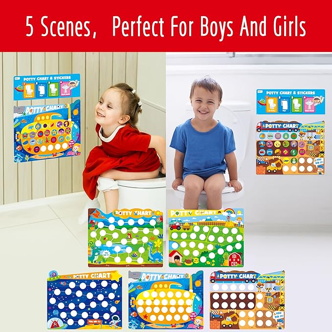 Potty Training Sticker Chart for Kids, 15 Incentive Potty Charts & 630 Stickers (Space, Farm, Dinosaur, Ocean, Construction Site) Potty Training Charts for Boys & Girls, Multiple Toddlers