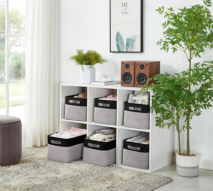 DECOMOMO Storage Baskets for Shelves - Fabric Storage Bins, Linen Closet Organizers and Storage (Grey & Black, XL - 3 Pack)