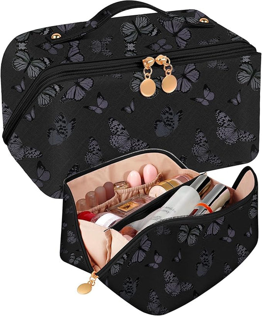 Bistup Makeup Bag Travel Cosmetic Bag Toiletry Make Up Bags Cute Women Large Capacity Big Medium Leather Butterfly Aesthetic Portable Teen Girl Teenage Foldable Expandable Compact Open Flat Zip