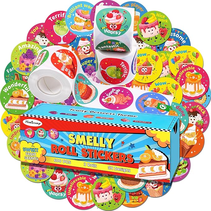 HORIECHALY 3 Rolls Scratch and Sniff Scented Stickers for Kids, 600 Pcs Motivational Reward Classroom Scented Stickers, Smelly Encouragement School Sticker for Teachers, Students(1.57")