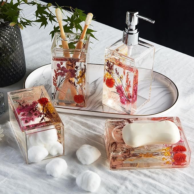 Locco Decor Bathroom Vanity Accessory Set Acrylic Liquid 3D Floating Motion Toothbrush Holder, Tumbler, Soap Dispenser, Soap Dish, Toilet brush, 5-Piece Accessory Set Garden Botanic Pink Plants