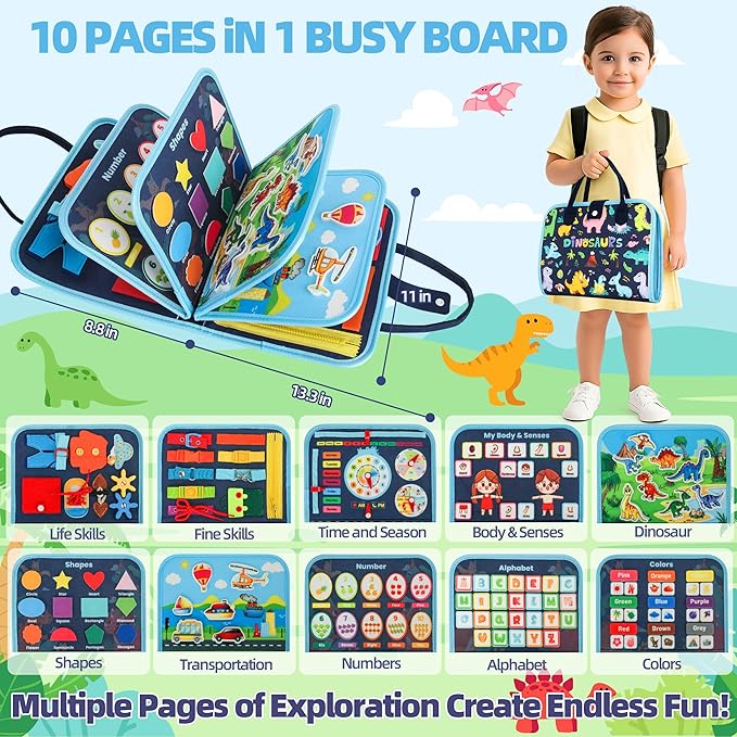 Toddler Busy Board Montessori Toys for 3 Year Old Birthday Gifts for Kids 10 Pages in 1 Soft Felt Activity Book Develop Fine Skills Educational Learning Sensory Travel Toys for Airplane Car