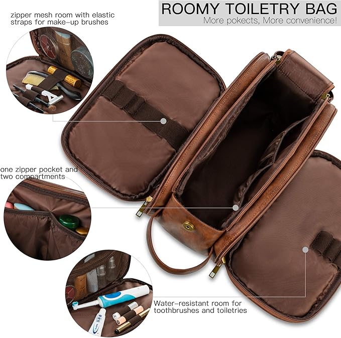 Elviros Travel Toiletry Bag Gift for Men，Mens Toiletries Bag Gifts Set Shaving Dopp Kit Water-resistant Bathroom Toiletries Organizer PU Leather Cosmetic Bags 2 Pack Dark Brown and Brown
