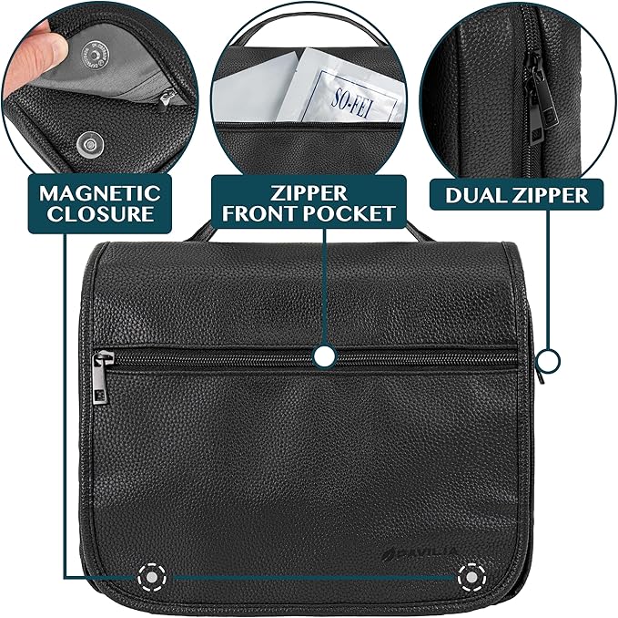 PAVILIA Hanging Toiletry Bag Women Men, Foldable Cosmetic Organizer Travel Bag, Water Resistant Makeup Bag Toiletries, Large Travel Essentials Kit (Black)