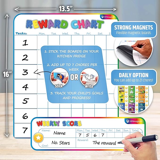 Large Magnetic Reward Chart for Kids - 127 Pre-Written Stickers (Including Potty Training) + 30 Customizable Chores - Behavior, Responsibility & Incentive Routine Star Chart for Fridge (1 Kid Version)