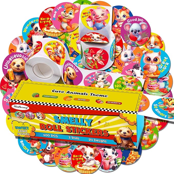 HORIECHALY Scratch and Sniff Stickers Rolls, Smelly Animal Stickers with 24 Designs and 3 Fruit Scents, Reward Motivate Stickers for Kids, Teachers, Parents Gift- 3 Rolls, 600 Pcs, 1.58"