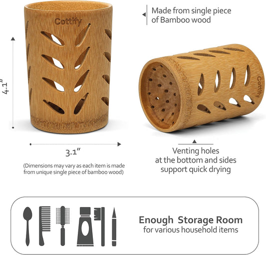 Eco-Friendly Bamboo Toothbrush Holder with Drainage – Quick Drying Single-Piece Design – Toothbrush Holders for Bathrooms – Wooden Toothbrush Holder Resilient in Humid Conditions - Matte Leaves